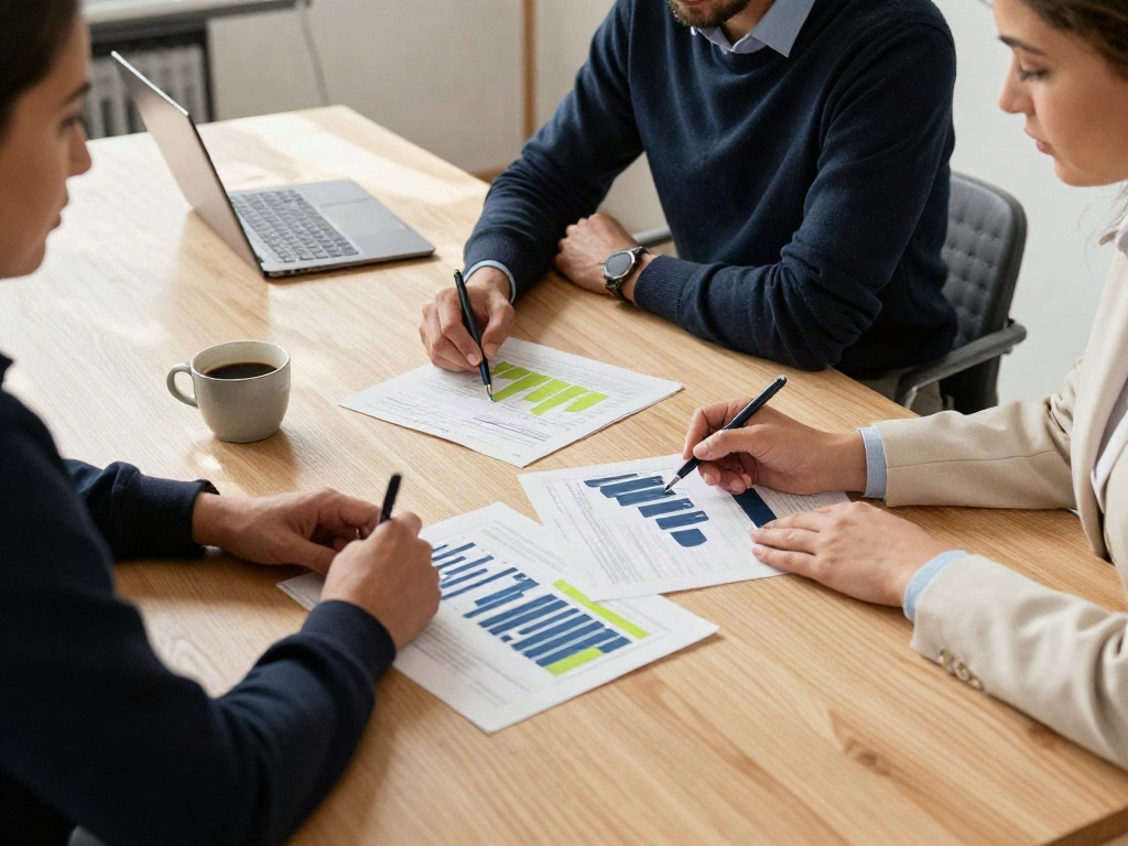 Consultants reviewing business performance charts together in a strategy workshop